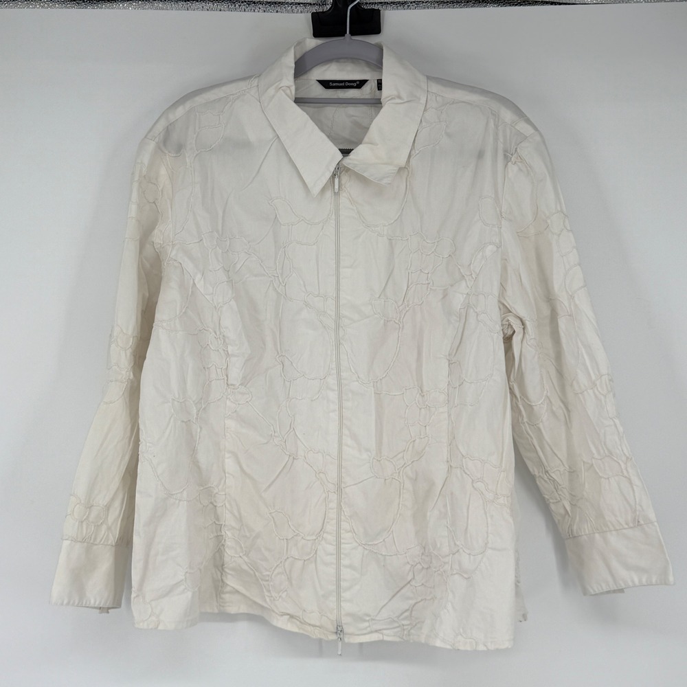 Samuel Dong Womens XL White Textured Embroidered Zip Up Jacket Cotton Blend